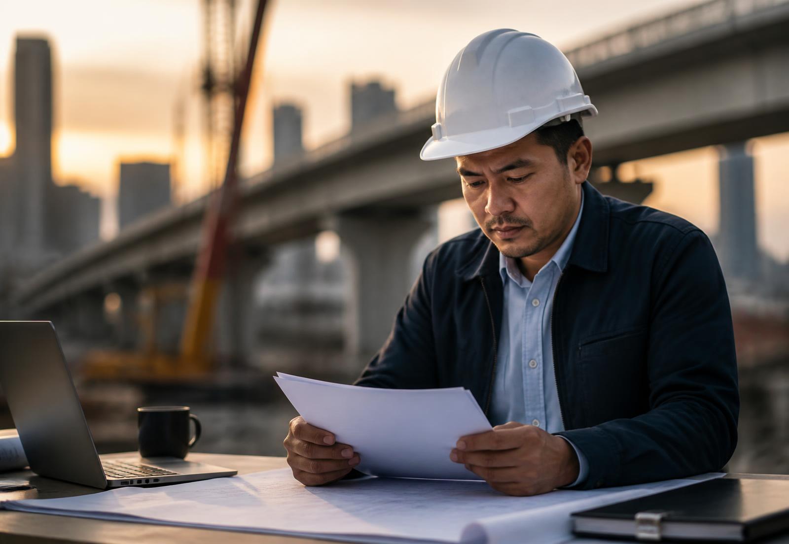 Project manager reviewing contract documents at a Philippine infrastructure site